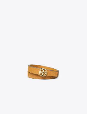 Tory Burch 1" Miller T Monogram Leather Belt In Tan/gold