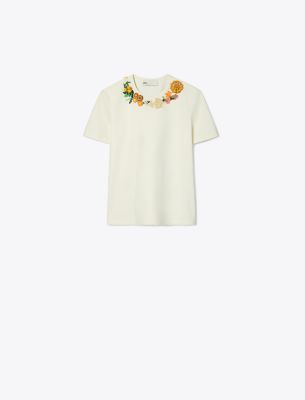 Tory Burch Embellished Cotton T-shirt In White