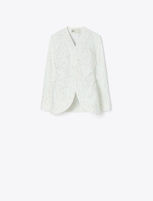 Tory Burch Printed Poplin Jacket In White Pigment Ditsy
