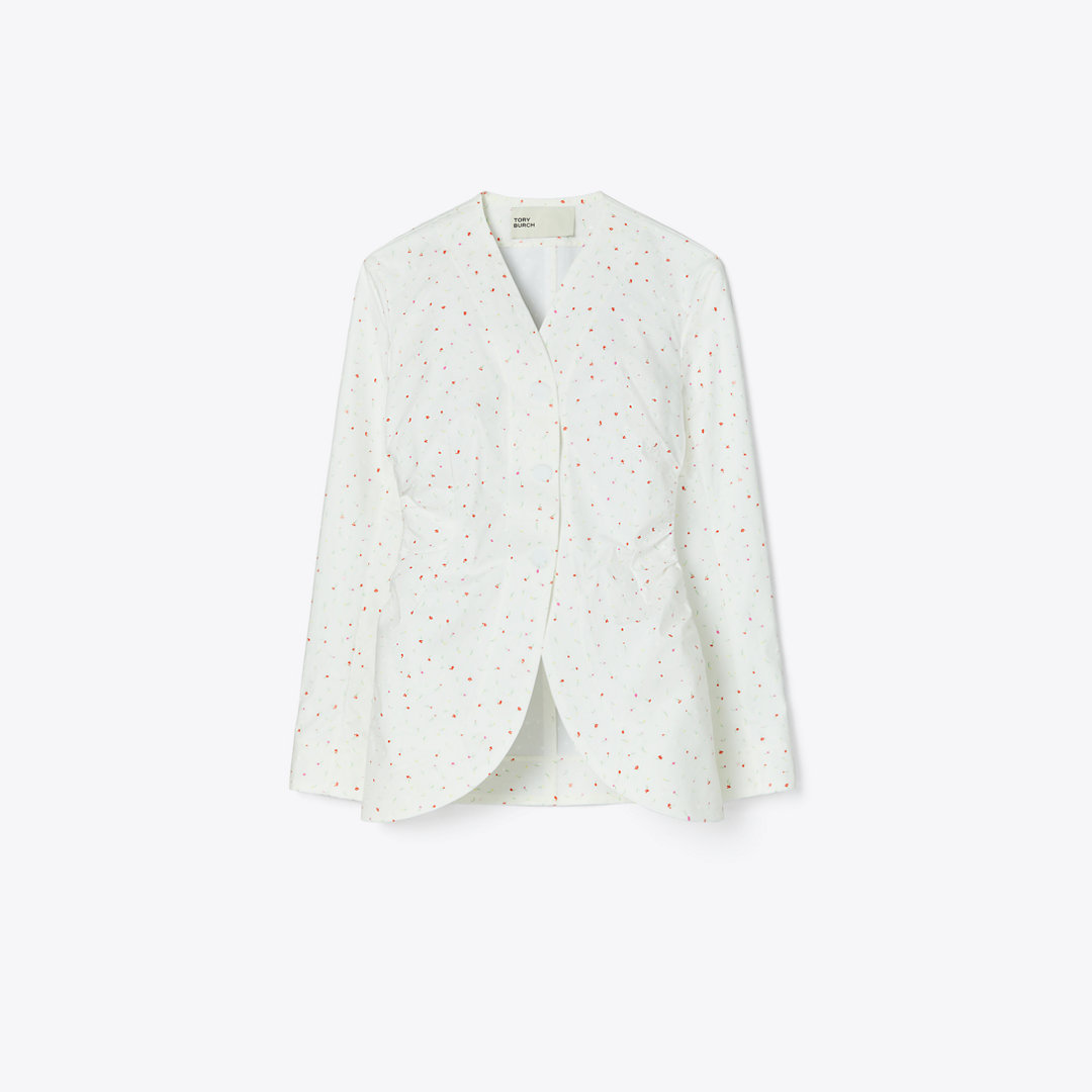 Tory Burch Printed Poplin Jacket In White Pigment Ditsy