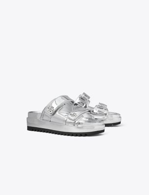 Tory Burch Kira Burch Slide In Argento/perfect Black