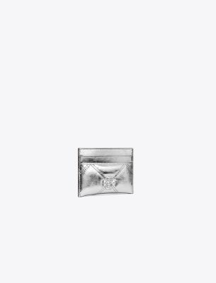 Tory Burch Kira Metallic Diamond Quilt Card Case In Silver