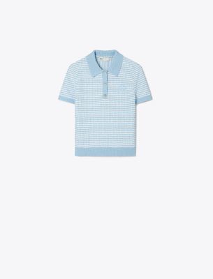 Shop Tory Burch Striped Stitch Cotton Polo In White/glass Blue