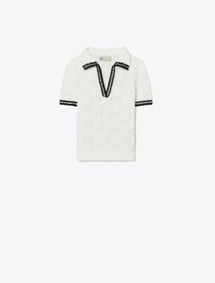Tory Burch Cotton Pointelle Knitted Polo Shirt In White