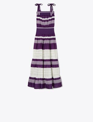 Shop Tory Burch Smocked Midi Dress In Deep Purple