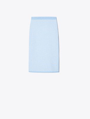 Shop Tory Burch Striped Stitch Cotton Midi Skirt In White/glass Blue