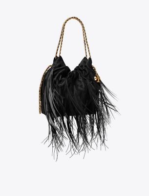 Tory Burch Mini Fleming Feather Drawstring Bag In Black