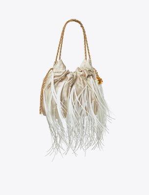 Tory Burch Mini Fleming Feather Drawstring Bag In Stone