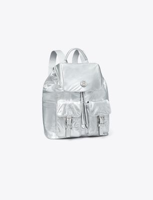 Tory Burch Virginia Metallic Flap Backpack In Silver