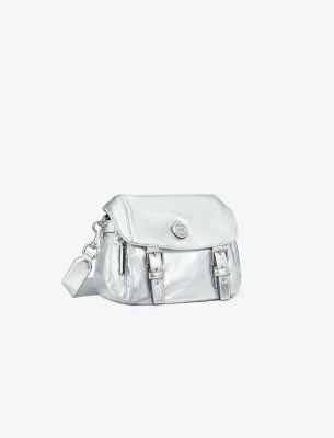 Tory Burch Small Virginia Metallic Messenger In Silver