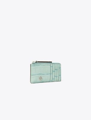 Tory Burch Robinson Croc-embossed Zip-top Card Case In Blue Celadon