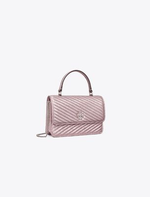 Tory Burch Mini Kira Metallic Moto Quilt Top-handle Chain Wallet In Sparkle Pink