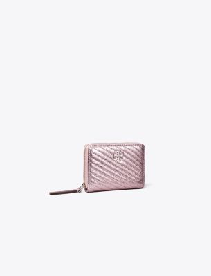 Tory Burch Small Kira Metallic Moto Quilt Zip Around Wallet In Sparkle Pink