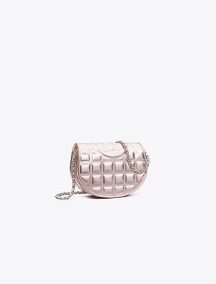 Tory Burch Mini Fleming Metallic Square Quilt Chain Wallet In Sparkle Pink