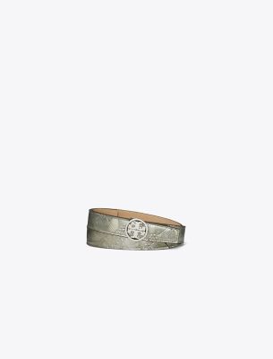 Tory Burch Miller Floral Embossed Metallic Leather Belt In Pewter