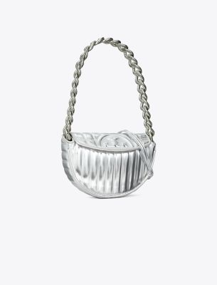 Tory Burch Mini Fleming Soft Metallic Quilt Crescent Bag In Silver