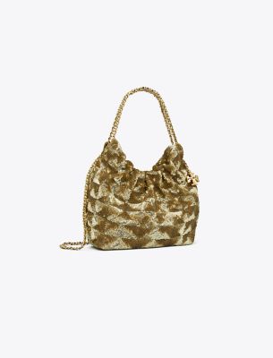 Shop Tory Burch Mini Fleming Sequin Drawstring Bag In 18 Kt Gold