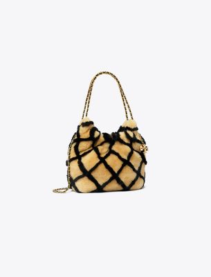 Tory Burch Mini Fleming Shearling Drawstring Bag In Toffee