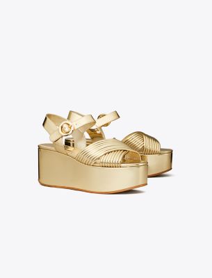 Tory Burch Bombe Cross Strap Platform Sandals 50mm Spark Gold In Spark Gold/spark Gold