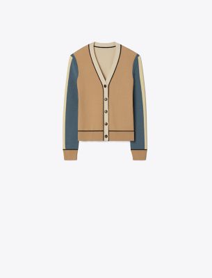 Shop Tory Burch Colorblock Wool Cardigan In Oasis Tan