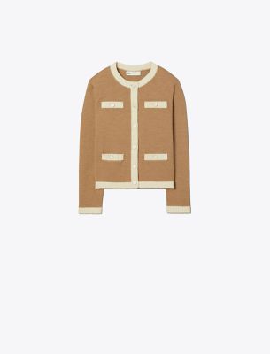 Shop Tory Burch Kendra Chunky Wool Trim Cardigan In Camel Heather/french Cream