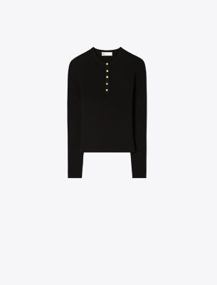 Tory Burch Ribbed Viscose Henley In Black