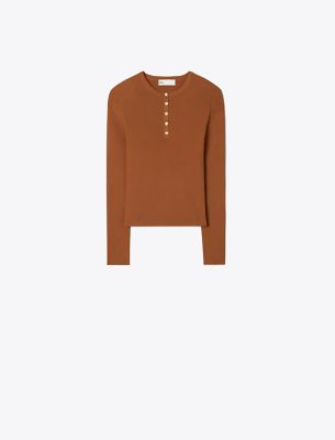 Tory Burch Ribbed Viscose Henley In Cinnamon