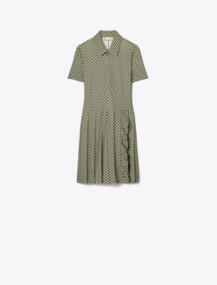 Shop Tory Sport Printed Pleated Zip-front Golf Dress In Mocha Chip Tiled Geo