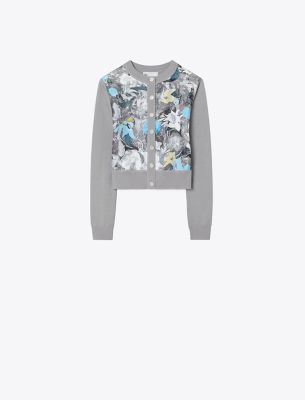 Shop Tory Burch Cropped Silk-front Cardigan In Gray/blue Abstract Floral