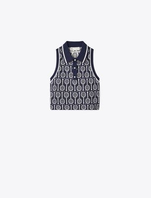 Tory Sport Tory Burch Cropped Tech Knit Polo Tank In Tory Navy Racquets