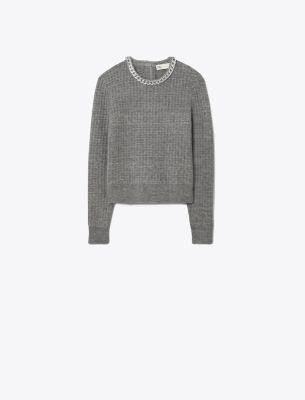 Tory Burch Chain Crewneck Pullover In Mineral Gray