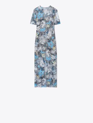 Shop Tory Burch Printed Mesh T-shirt Dress In Blue Abstract Floral