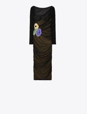 Tory Burch Embellished Viscose Ruched Dress In Black