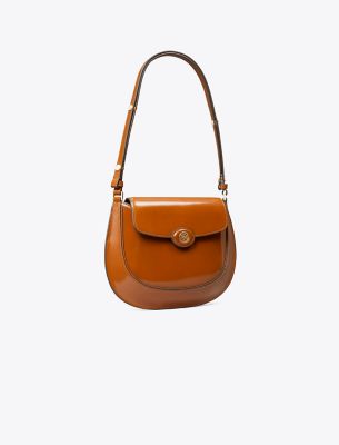 Tory Burch Robinson Spazzolato Small Flap Bag In Dark Sienna