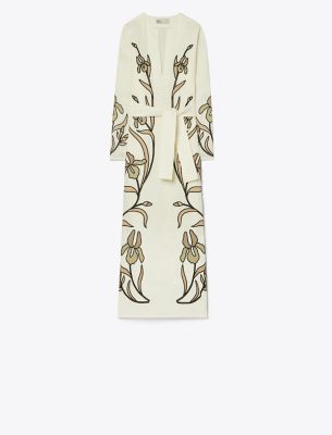 Shop Tory Burch Appliqué Linen Caftan In Ivory