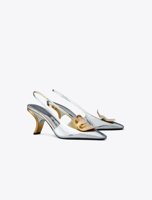 Tory Burch Patos Mismatched Slingback Heel In Argento/gold