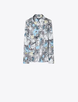 Shop Tory Burch Printed Cuffed Silk Shirt In Blue Tripped Out Flowers