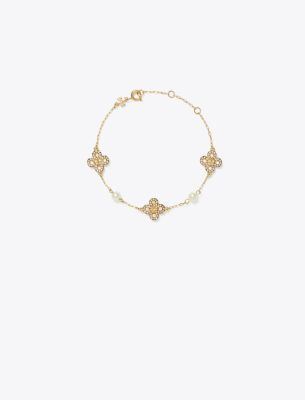 Tory Burch Kira Clover Pearl Bracelet In Tory Gold/pearl/crystal