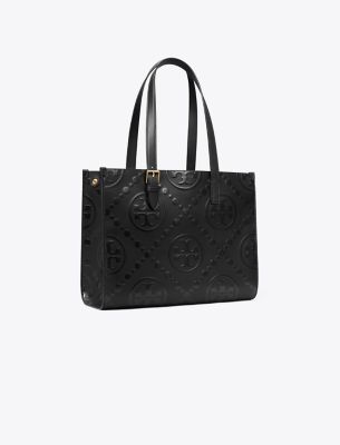 Shop Tory Burch T Monogram Small Embossed Tote In Black/black