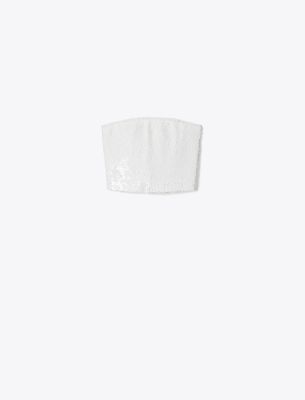 Shop Tory Burch Strapless Sequins Mesh Top In White