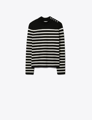 Tory Sport Tory Burch Snap Shoulder Striped Sweater In Black/new Ivory