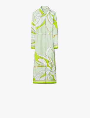 Shop Tory Burch Printed Silk Shirtdress In Chartreuse Twisty Flower