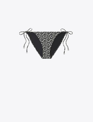 Tory Burch Printed String Bikini Bottom In Black Prismatic T Monogram Small