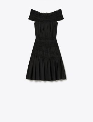 Tory Burch Off-shoulder Smocked Mini Dress In Black