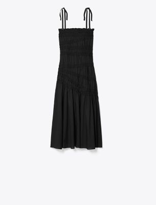 Tory Burch Cotton Smocked Midi Dress In Black