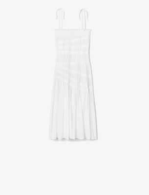 Tory Burch Shoulder Tie Smocked Cotton Dress In White