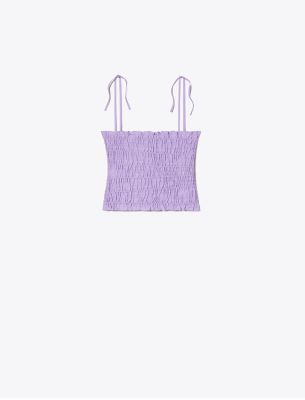 Tory Burch Smocked Cotton Top In Lilac Frost