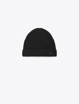 Tory Burch Logo Embroidered Ribbed Cashmere Beanie In Black