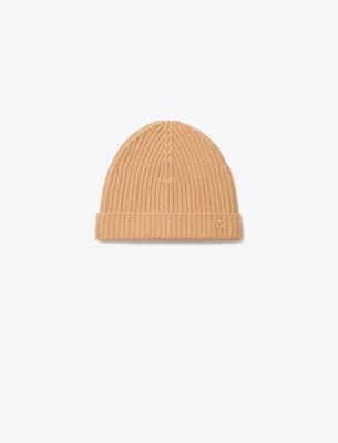 Tory Burch Ribbed Knit Cashmere Beanie In Camel
