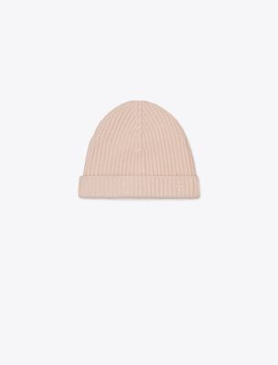 Tory Burch Ribbed Knit Cashmere Beanie In Pink